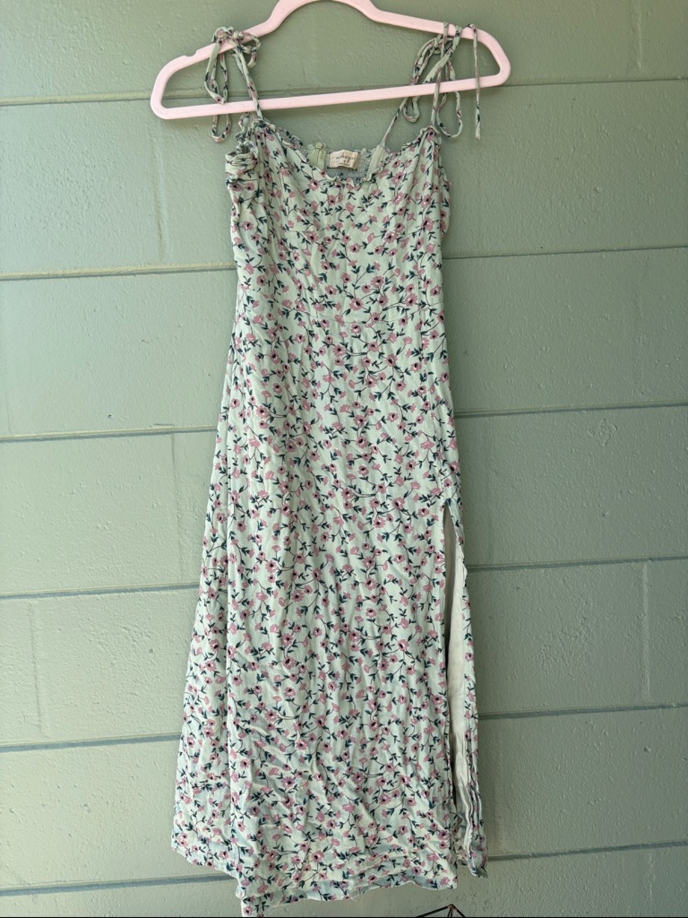Light Mint Floral Tie-Strap Midi Dress